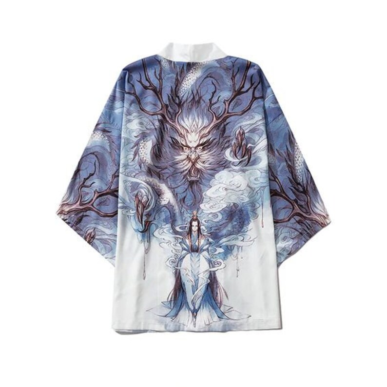 Unisex Dragon Snow Fox Mythical Creatures Printed All Over Soft Wrinkle Free Men Women Yukata Kimono Style Harajuku Streetwear White Robes