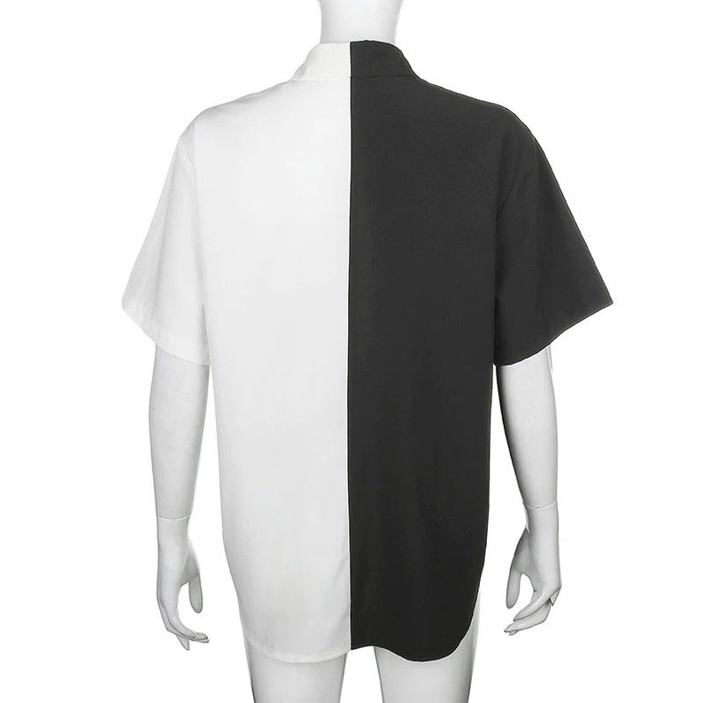 Black and White Mini Dress Button Loose Solid Gothic Short Sleeve Breathable Comfortable Ladies Personality Tops Blouse Party Shirt