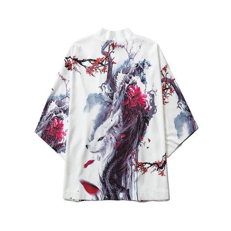 Unisex Dragon Snow Fox Mythical Creatures Printed All Over Soft Wrinkle Free Men Women Yukata Kimono Style Harajuku Streetwear White Robes