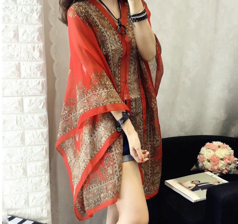 Tribal Print Cover Ups Batwing Sleeve Blouses Soft Wrinkle Free Light Semi Transparent Robes Cardigan
