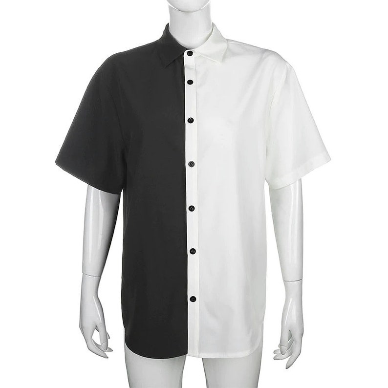 Black and White Mini Dress Button Loose Solid Gothic Short Sleeve Breathable Comfortable Ladies Personality Tops Blouse Party Shirt