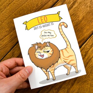 Carte mignonne d'horoscope de Lion - carte d'anniversaire de Lion, carte de signe astrologique de Lion, cadeau d'horoscope, carte d'astrologie, carte de Lion de chat, anniversaire de juillet août