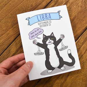 Niedliche Waage Horoskop Karte - Waage Geburtstagskarte, Waage Astrologie Karte, Sternzeichen Geburtstag, Horoskop Geschenke, Astrologie Geschenke, Smoking Katze
