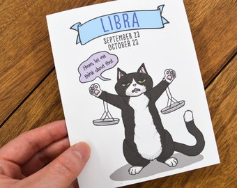 Cute Libra Horoscope Card - Libra Birthday Card, Libra Astrology Card, Zodiac Sign Birthday, Horoscope Gifts, Astrology Gifts, Tuxedo Cat