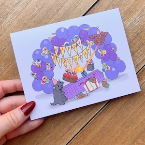 Happy Birthday Monster Destruction Card - funny birthday card, birthday humor, goth birthday, birthday horror card, horror lover card