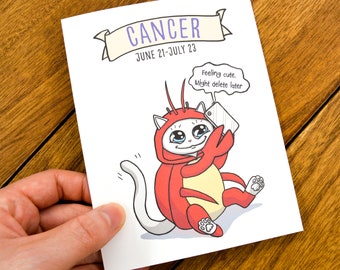 Carte mignonne d'horoscope de Cancer - carte d'anniversaire de signe de Cancer, signe de zodiaque de Cancer, cadeaux d'astrologie de Cancer, le crabe, se sentant mignon, crabe de chat