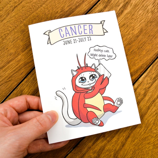 Cute Cancer Horoscope Card - Cancer Sign Birthday Card, Cancer Zodiac Sign, Cancer Astrology Gifts, The Crab, Feeling Cute, Cat Crab