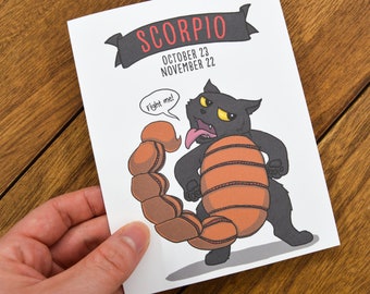 Cute Scorpio Horoscope Card - Scorpio Birthday Card, Astrology Birthday Card, Horoscope Gifts, Astrology Birthday Gift, Black Cat Card