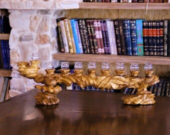 Large Menorah for Hanukkah - Candle holder from Jerusalem olive wood - Handmade Jewish sculpture from Israel