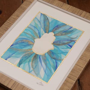 Hamsa watercolor blue and Gold handmade painting protection for Jewish home- Handmade hamsa gift judaica one of a kind - Unique piece of art