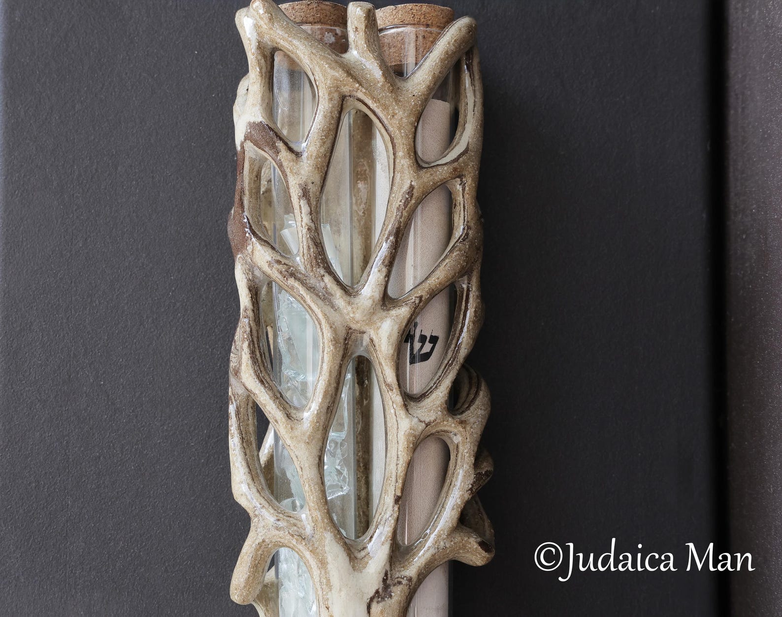 Wedding Mezuzah Case for glass shards "Tree of Life" holding scroll and broken glass