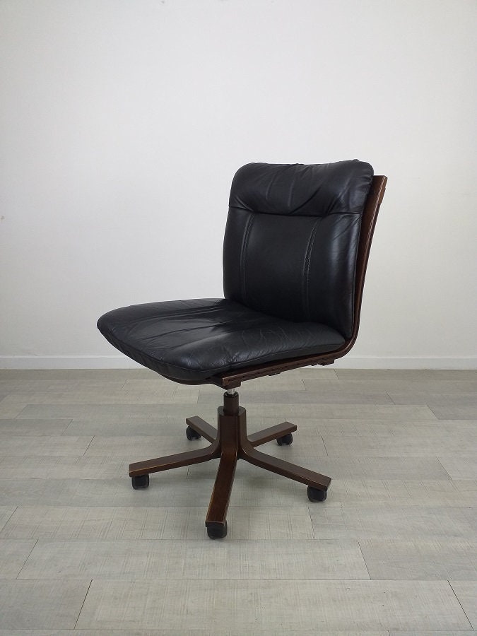 Fauteuil de Bureau Cuir Bois Design Scandinave Années 70 Vintage