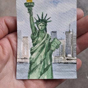 ARTE Original ACEO. Arte original em aquarela. Cartões ACEO. Estátua da Liberdade em Nova York.