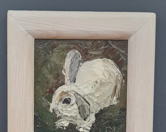 Peinture à l'huile originale. Lapin blanc. Miniature originale dans un cadre en bois. Dessin pour chambre d'enfant.