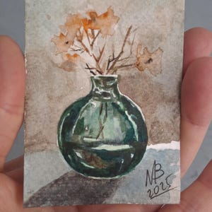 ACEO Original ART.Original Aquarell Kunst.ACEO Karten.Ein Blumenstrauß in einer Glasvase.