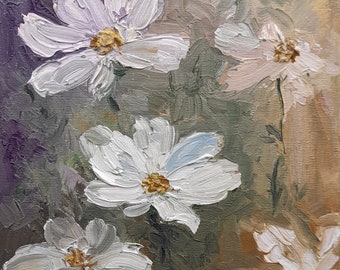 Peinture à l'huile originale. Fleur de cosmos. Fleurs dans des peintures à l'huile. Mini tableau.