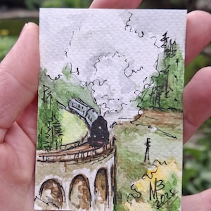 ACEO Original ART.Original Watercolor art.ACEO cards.Old steam locomotive.Train.Vintage locomotive.