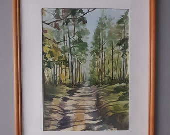 Original landscape painting.Forest road.Landscape art. Hand-painted Paintihg.Watercolor painting.