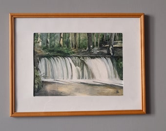 Original Landschaftsbild.Wasserfall im Wald.Handgemalt.Original Aquarell.