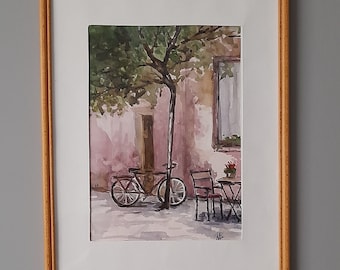 Art original de paysage. Peinture à l'aquarelle. Art de vélo. Peinture peinte à la main.