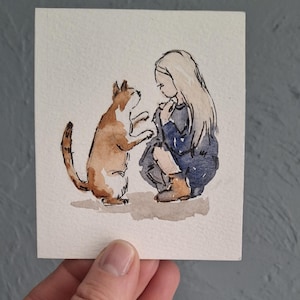 Original watercolor illustration.A little girl and a cat.A gift for  daughter.One of a kind.A small picture.Picture on the shelf.