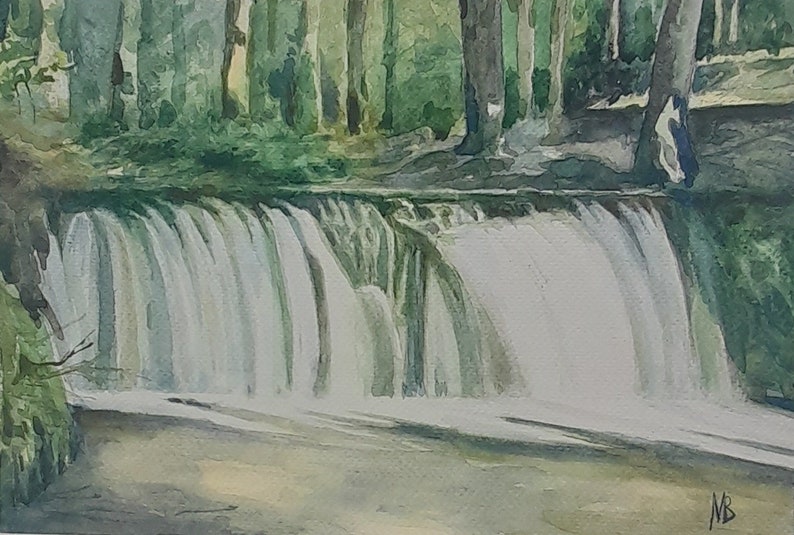 Peinture originale de paysage. Cascade dans la forêt. Peint à la main. Aquarelle originale. image 3