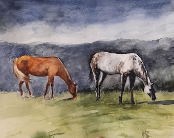 Aquarelle originale. Chevaux au pâturage. Art des chevaux. Dessin de chevaux.