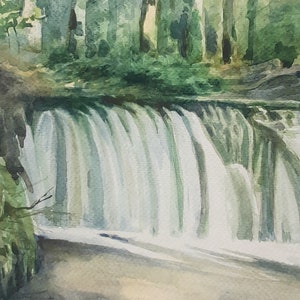 Peinture originale de paysage. Cascade dans la forêt. Peint à la main. Aquarelle originale. image 4