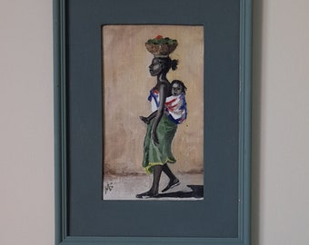 Original oil painting.A woman a child.African woman with child.African artwork