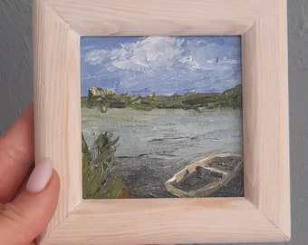 Peinture à l'huile originale. Mini tableau. Paysage en miniature. Image dans un cadre en bois. Art du paysage.