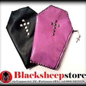 Cartera de ataúd, bolso de ataúd, cuero real, costuras de mano cruzada central con tachuelas planas, regalo para Halloween,