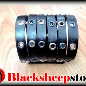 Leather band Bracelet 6 cm metal eyelets silver color and rifle barrel, handcrafted, customizable rock biker Made in Italy