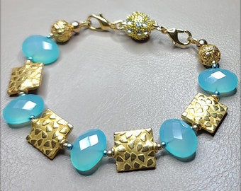 Sea Blue Chacedony Bracelet • 22K Gold Plated accents