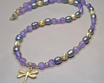 Amethyst • Pearl • Golden Dragonfly necklace