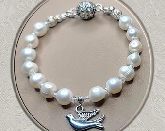 Pearl & CZ Silver Peace Dove Bracelet