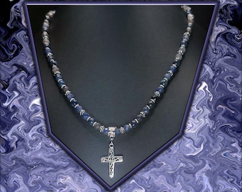 Sapphire & Fossil Coral  Sterling Silver Cross
