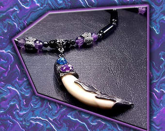 Amethyst Obsidian Onyx Wolf Tooth Replica Necklace