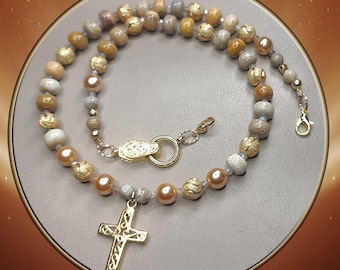 Fossil Coral Mystic Moonstone Gold Cross Necklace