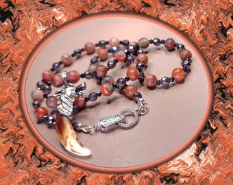 Red Agate Wolf's Head • Tooth Replica  Necklace