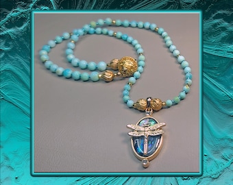 Peruvian Opal Abalone Dragonfly Pendant Necklace