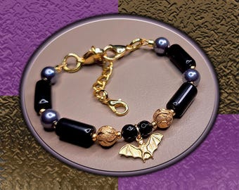 Golden Metallic Pearl Onyx Bat Bracelet