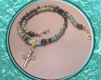 Turquoise Onyx Obsidian Golden Cross Necklace