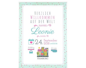 Namensbild Geburt Mädchen - Namensbild Kinderzimmer: Personalisiertes Geburtsbild Mädchen, Geschenk Baby, Babygeschenk Geburt