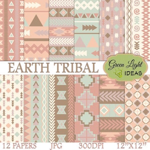 Earth Tribal Digital Papers, Tribal Arrows Scrapbook Paper, Aztec Navajo Tribal Background, Geometric Ethnic Printable Paper Commercial Use