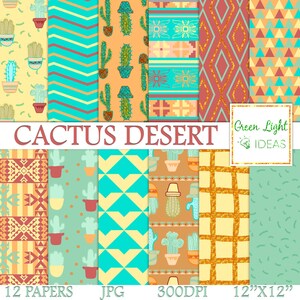 May include: Twelve digital paper designs featuring cactus and desert themed patterns in a variety of colours, including turquoise, yellow, orange, and red. The papers are 12 inches by 12 inches and 300 DPI. The text "Cactus Desert" is in the centre of the image. The text "Green Light Ideas" is in the top right corner of the image.