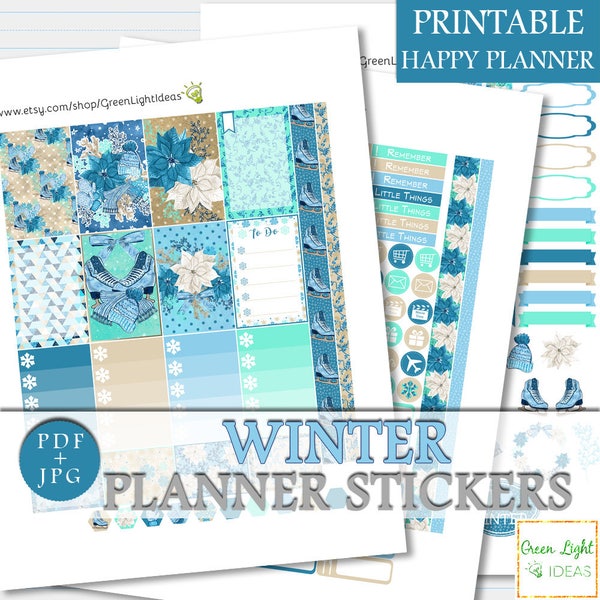 Winter Happy Planner Printable Stickers, Happy Planner Winter Weekly Kit, Mambi December Sticker Kit Digital, Winter Planner Sticker Kit