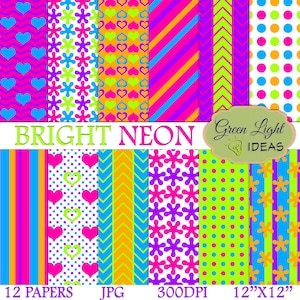 Bright Neon Party Digital Paper Pack, Neon Digital Papers, Party Birthday Printable Papers, Neon Backgrounds, Party Digital Textures