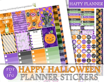 Halloween Happy Planner Stickers, Halloween Printable Sticker Kit, October Planner Weekly Kit, Spooky Halloween Mambi Printable Stickers