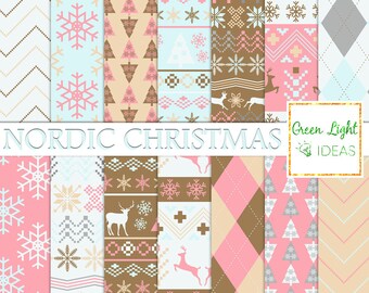 Papeles digitales navideños nórdicos, papel para álbumes de recortes navideños, fondo navideño festivo, patrón digital navideño, uso comercial, papel de invierno