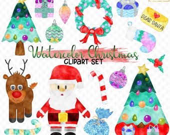 Aquarelle Clipart de Noël, Set d’images clipart de Noël, Graphiques de Noël, Utilisation commerciale, Clipart de Noël, Père Noël, Rudolf, Clipart PNG dessiné à la main